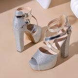 Sexy Women High Heels Sandals 2026 Summer Platform Sequin Cloth Cross Belt Buckle Wedding Open-toe Shoes Pumps Party Dress