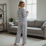 Women Sleepwear Long Sleeve Bow Tie Front Plaid Tops with Elastic Waist Pants Loose Fall Winter 2 Pieces Pajamas Sets