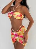 3D Floral Halter Bandeau Bikinis 2026 Padded Swimsuit Women 3 Pieces Swimwear Female Bather Bathing Swimming Swim Suit Beachwear