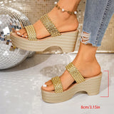 Fashion Gold Woven Wedge High Heel Sandals Women Summer Chunky Platform Slippers Woman Plus Size Comfortable Thick Heels Sandals