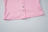 FDYOUI Pink T-shirts 2026 Summer Woman Clothes O-neck Single Breasted Cardigan Tops Female Short Sleeve Slim T Shirt Streetwear
