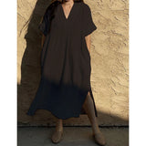 Beach Cover-ups for Women 2026 Solid Color Sexy V-neck Short Sleeve Loose Long Robe Dress Sun Protection Beachwear PZMZ09