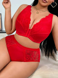 Plus Size Front Closure Lingerie Set, French Lace Sweet & Sexy Bra, Alluring Underwear Outfit