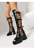 Plus Size Women Black Patent Matte Leather Lace Up Knee High Boots Peep Toe Platform Block Heel Back Zip Gothic Y2K Party Heels