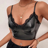 Womens Black Faux Leather Lace Trim Cami Tops Spaghetti Strap V Neck Bustier Crop Top Shiny Wet Look Camisole Sexy Nightclub Top