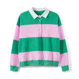 Women Long Sleeve Spring Fall Lapel Collar T-shirts Striped Contrast Color Loose Pullovers Streetwear Tops