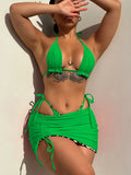 2026 Summer Leopard Print 3 Pieces Suit Swimwear Reversible Sexy Halter Lace-up Bikini Set Drawstring Skirt Cover Up Beachwear