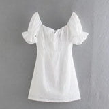 Foridol White Lace Summer Dress for Women Flower Embriodery Cotton Mini Dress Puff Sleeve Lace Up Ruffles Short Beach Dress