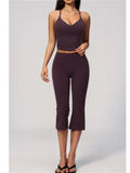 Summer New Yoga Clothing Women Solid V Neck Slim Sports Tank Top Athletic Wear High Waist Butt Lift Mid Pants Gym Fitness Suits