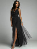 Elegant Solid Color Fine Sparkle Party Dresses Women Temperament V-neck Leace-up Mesh Slit Long Dress Evening Vestidos Female