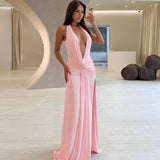 FDYOUI 2026 Summer Deep V-neck Hollow Out Long Maxi Evening Dress Women Chic Backless High Slit Ruched Solid Party Club Dresses