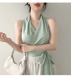 Women Blouses Slim Fit V-neck Lace Up Open Stitch Versatile Sleeveless Top For Female Chiffon Tops Summer Fashion PPAY