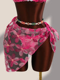 Sexy Pink Floral Embroidery Bikini Set 2026 Women Push Up Bra Triangle Swimsuit Holiday Bathing Suit Cover Up 3 Piece Swimwear