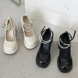 10cm Super High Heels Mary Jane Shoes Women Fashion Patent Leather Platform Pumps Woman Pearls Chain Ankle Strap Party Shoes