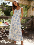 Foridol Ruffles Straight Elegant Women's Dress Summer Printed Boho Beach Maxi Dress Spaghetti Strap Floral Blue Sundress 2025