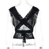 FDYOUI Woman Clothes Elegant Bandage Mesh Corset Tops 2026 Female Halter V-neck Lace-up Tank Top Black T-shirt Y2K Streetwear