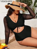 VigoJany 2026 Sexy Black Long Sleeve Plus Size Swimwear Women Hollow Push Up One Piece Swimsuit Patchwork Backless Bathing Suit