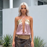 Women Gold Embellished Sheer Chiffon Open Front Camisole Summer Boho Sequin Halter Neck Crop Top for Party Festival