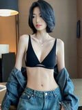 French Triangle Bra Rabbit Ear Cup, Deep V Wireless Bralette for Small Bust, No Gap Sexy Lingerie Set, Breathable Summer Thin