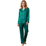 Women's Satin Two Pieces Pajama Sets Fashionable Contrast Color Trim Long Sleeve Button Down Tops with Pants Soft Sleepwear
