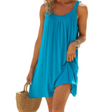 Summer Women's Loose Short Dress for Beach Solid Color Sleeveless Backless U Neck Casual Dress Beachwear