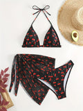 With Mesh Skirt Cherry Printed Bikini Female Swimsuit Women Swimwear Three Pieces Bikini Set Halter Bathing Suit Swim Beachwear