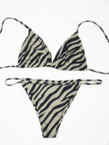 Women's Zebra Stripe Print Bikini Set Casual Sexy Backless Tie Swimwear Top Beach Vacation Two-Piece Swimsuit