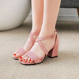 Big Size Casual Women Sandals Black Flock 7cm High Square Heels Peep Toe Summer Cross Buckle Strap Party Office Red Lady Sandals