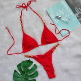 5 Colors Sexy Bikini Women Solid Swimwear Swimsuit Metal Chain Weave Straps Bikinis Set Bathing Suit Beach Bikini Female Thong