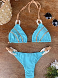 Patchwork Halter High Cut Knitted Bikini Women Swimwear Female Swimsuit Two-pieces Bikini Set Brazilian Bather Bathing Suit Swim