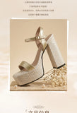 Silver Women Sandals Square Toe 12.5cm High Heel 4.5cm Platform Buckle Strap Large Size 43 44 45 46 Sexy Dating Shoes