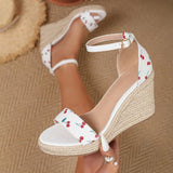 EUR Size 45 Leisure Espadrille Wedge Sandals Women Cherry Summer High Heels Shoes Beach Vacation Platform Ankle Strap Sandals