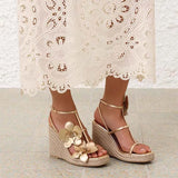 Flower Square Toe High-Heeled Shoes for Women, Slope Heels, Summer Gold One-Piece Sandals High-End Grass Woven Sandals for Women