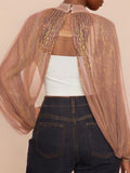 Women's Spring Summer Solid Color Sheer Blouse Glitter Long Sleeve Mock Neck Open Front Tops Streetwear