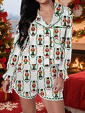Womens Satin Christmas Pajamas Sets Print Button Up Long Sleeve Lapel V Neck Tops and Shorts Lounge Wear 2 Pieces Suits