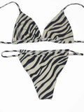 Women's Zebra Stripe Print Bikini Set Casual Sexy Backless Tie Swimwear Top Beach Vacation Two-Piece Swimsuit