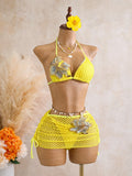 Sexy Black 3D Flower Holiday Bikini Set 2026 Women Drawstring Side Knitted Cover Up 3 Piece Swimsuit Beach Bathing Suit Swimwear