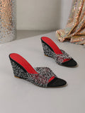 Fashion Slippers Peep Toe Wedges High Heels Slippers Shiny Rhinestones Comfortable Shoes for Women Slide Summer Zapatos De Mujer