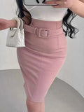 Korean Pure Desire Style Sexy OL High Waist Back Slit Mid Length Skirt Belt School Girl Uniform Fashion Women Mini Skirts UJR8