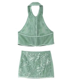 Women's Fashionable Lapel Embroidered Backless Shorts Set J25E