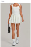 Naked Fake Two Piece Tennis Dresses with Pocket Bottom Women Back Hollow Out Pleate Skirts Outwear Square Collar Golf Yoga Dress