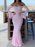 Elegant French Style Pink Long Dress Women Lace Long Sleeved Dress Evening Gown Party Wedding Dress up Lady Spring Summer Outfit