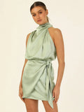 Foridol One Shoulder Turtleneck Tank Satin Women Party Dress Robe Zip Sleeveless Elegant Vintage Folds Women Clothing 2025