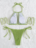 2025 Halter Tie Side Hollow Out Smocked Bikini Women Swimsuit Female Swimwear Two Pieces Bikini Set Swim Bathing Suit Beach Wear
