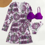 Boho Style Women's 3 Pieces Swimsuit Floral Bikini Set+Long Sleeve Cover-Up Swimwear Sexy Low Waist Tankinis Beachwear Holiday
