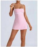 Women's Tennis Dress Summer Sleeveless Pink Contrast Workout Yoga Dresses Build in Shorts Fashion Tight Fitting Skirts Suit