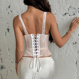 Summer Beige Lace Corset Tank Top Women U Neck Slim Fit Fishbone Waist Cinching Vest 2026 Lady Club Party Vacation Streetwear