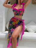 Vintage Black Floral Print Bikini 2026 Women Push Up Underwire Bra High Waist Swimsuit Beach Bathing Suit Skirt 3 Piece Swimwear