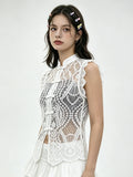 Women's Solid Color Lace Tank Tops Mandarin Collar Sleeveless Frog Buttons Summer Vest