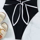 Black One Piece Swimsuit for Women 2026 Summer New Bikini,high Waist Contrast Belt Swimwear,deep-V Neck Backless Bathing Suit
